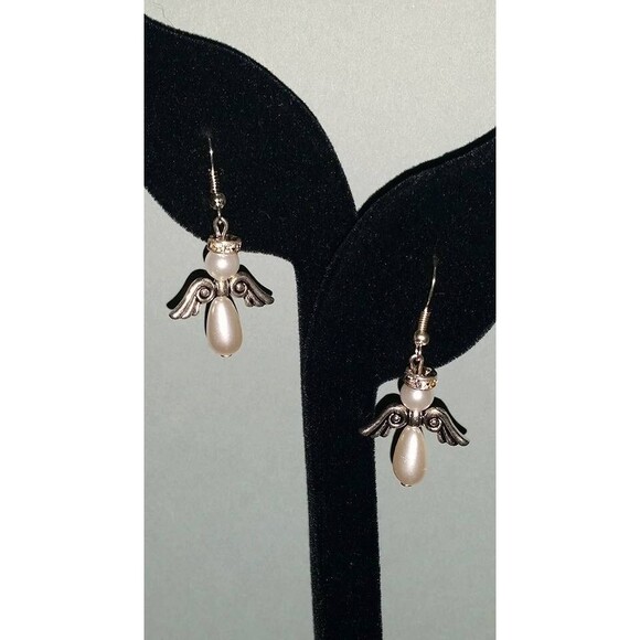 White Pearl and Silver-tone Beaded Angel Earrings - Picture 3 of 5